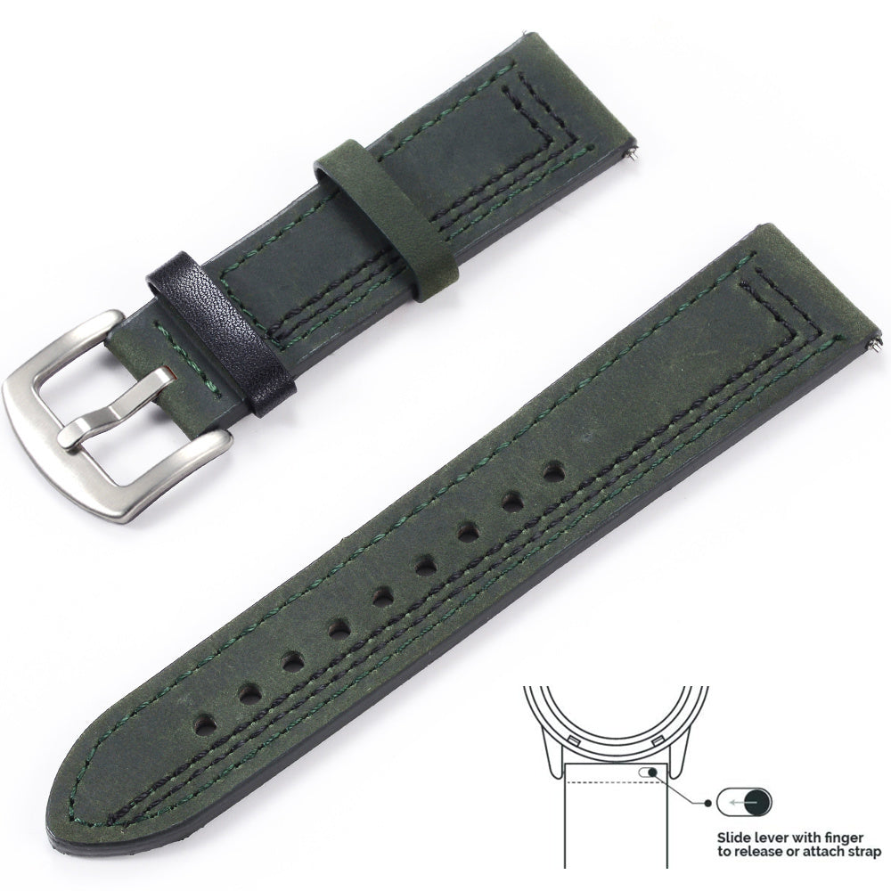 Bracelet Milan – Cuir grainé - Vert noir argent