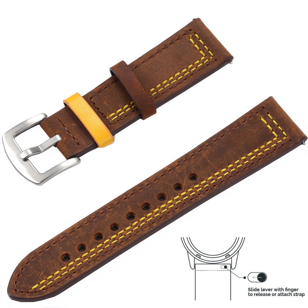 Bracelet Milan – Cuir grainé - Café foncé jaune argent